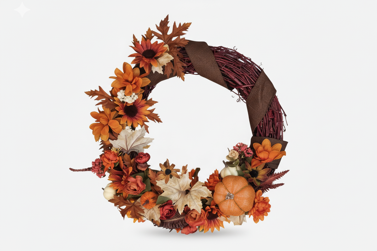 Autumn-themed wreath with leaves and pumpkins on a white background
