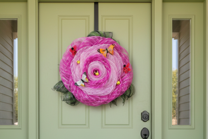 Petals & Pollinators – Pink Garden Mesh Wreath