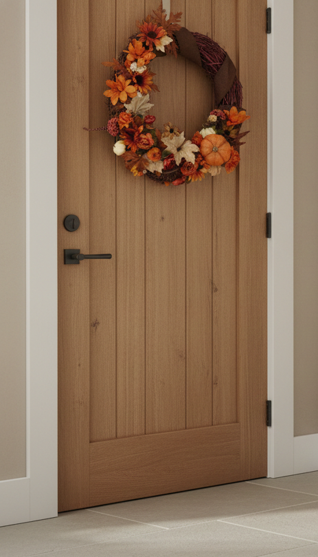 Decorative wreath with autumnal elements on a wooden door.