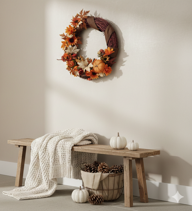 Autumn wreath on a wall above a wooden bench with pumpkins and pinecones.