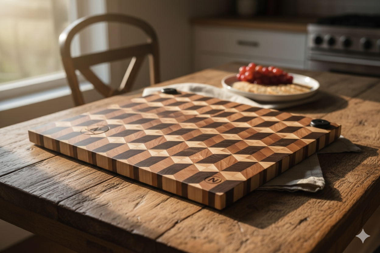 Crafted Grain Illusion – End Grain Cutting Board in Black Walnut, Cherry & Maple