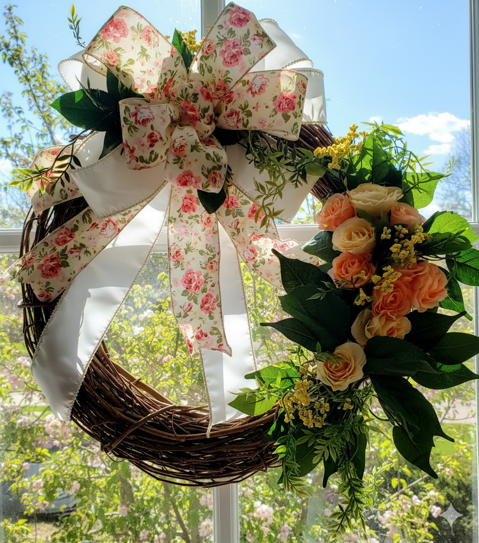 Peach Bloom Haven – Handmade Spring Rose Grapevine Wreath
