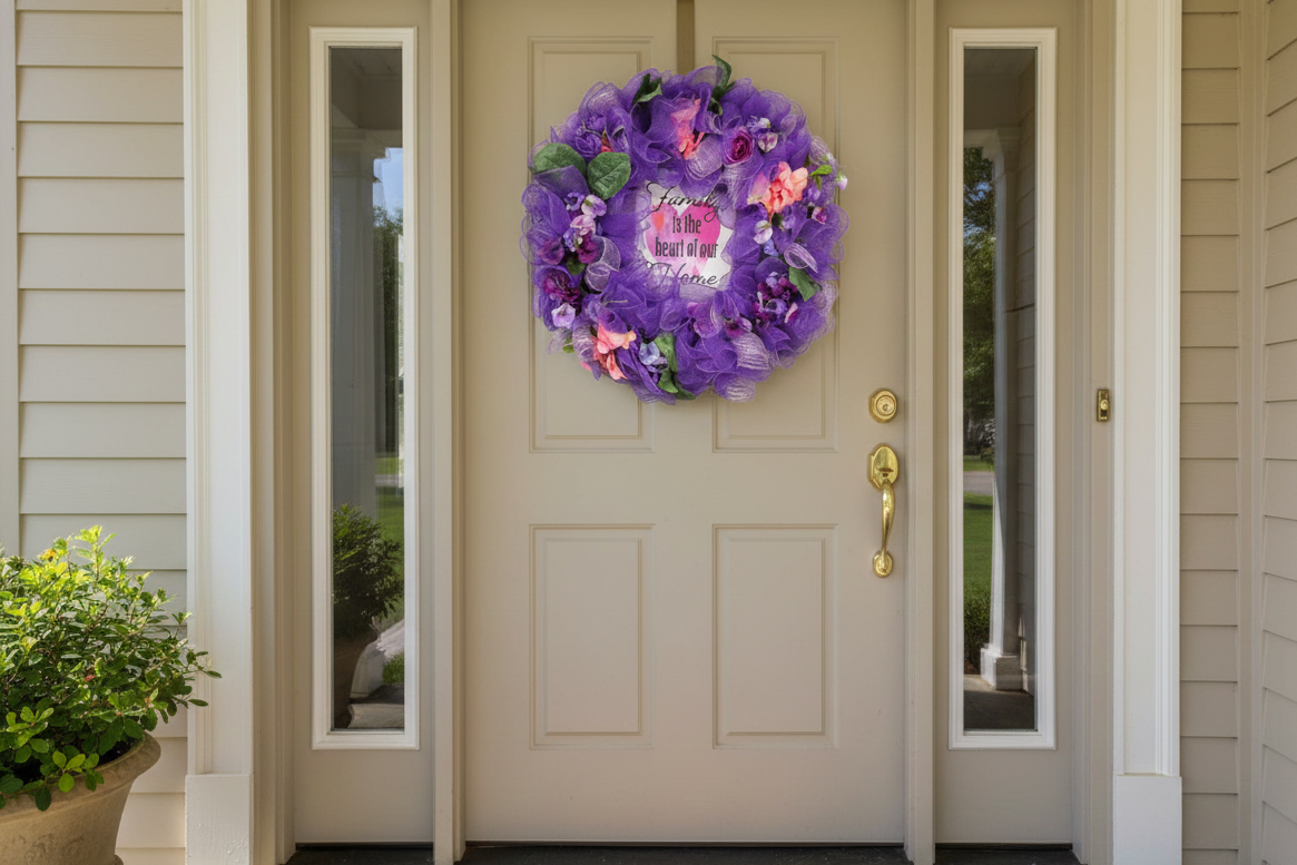 Front door with a purple wreath and 'For Sale' sign, surrounded by house exterior.