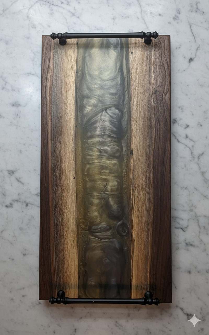 Wooden cutting board with metal handle on a marble surface