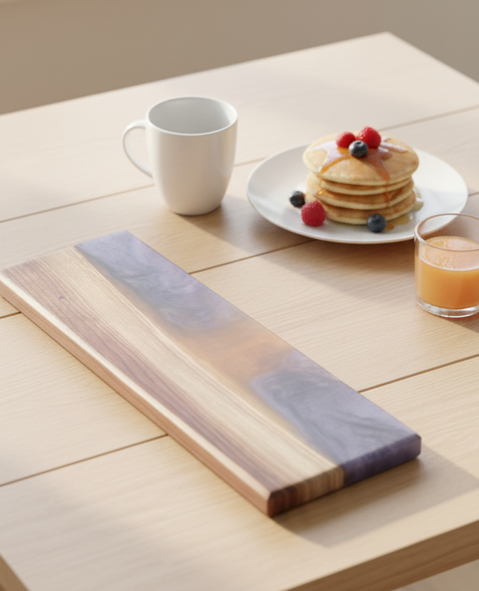 Wooden table with a mug, plate of pancakes, and a cutting board.