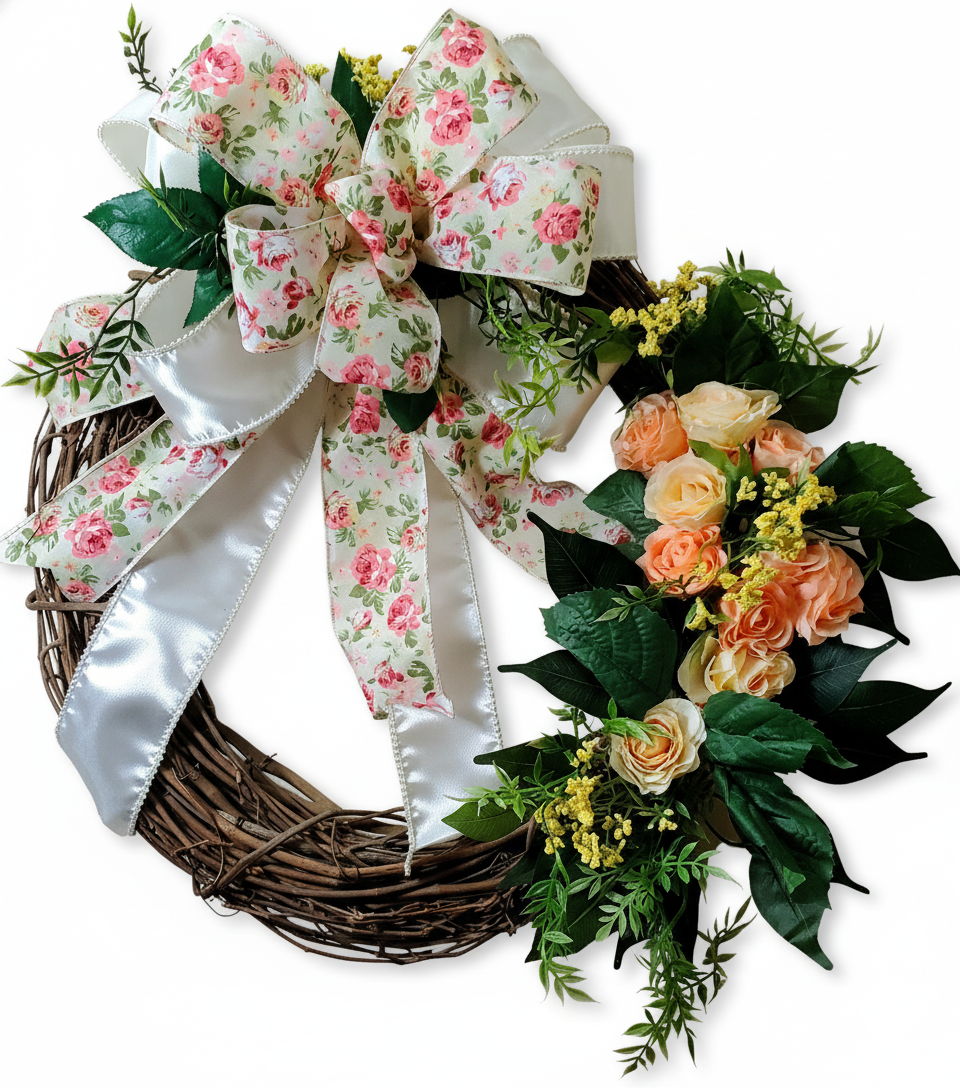 Peach Bloom Haven – Handmade Spring Rose Grapevine Wreath