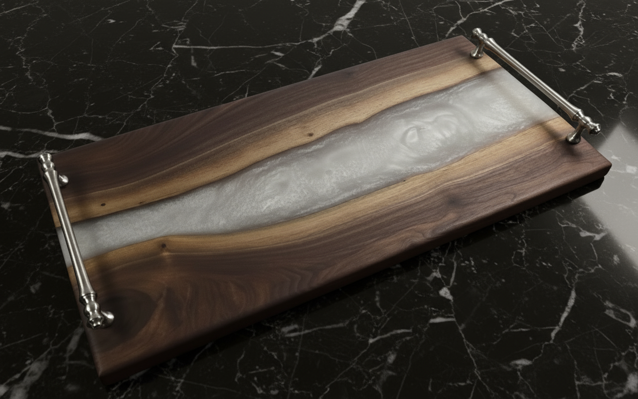 Wooden tray with metal handles on a white background