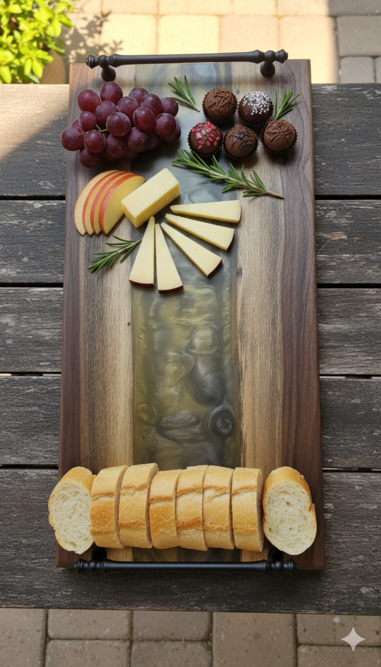 Twilight Pour – Black Walnut Charcuterie Board with Metallic Epoxy River
