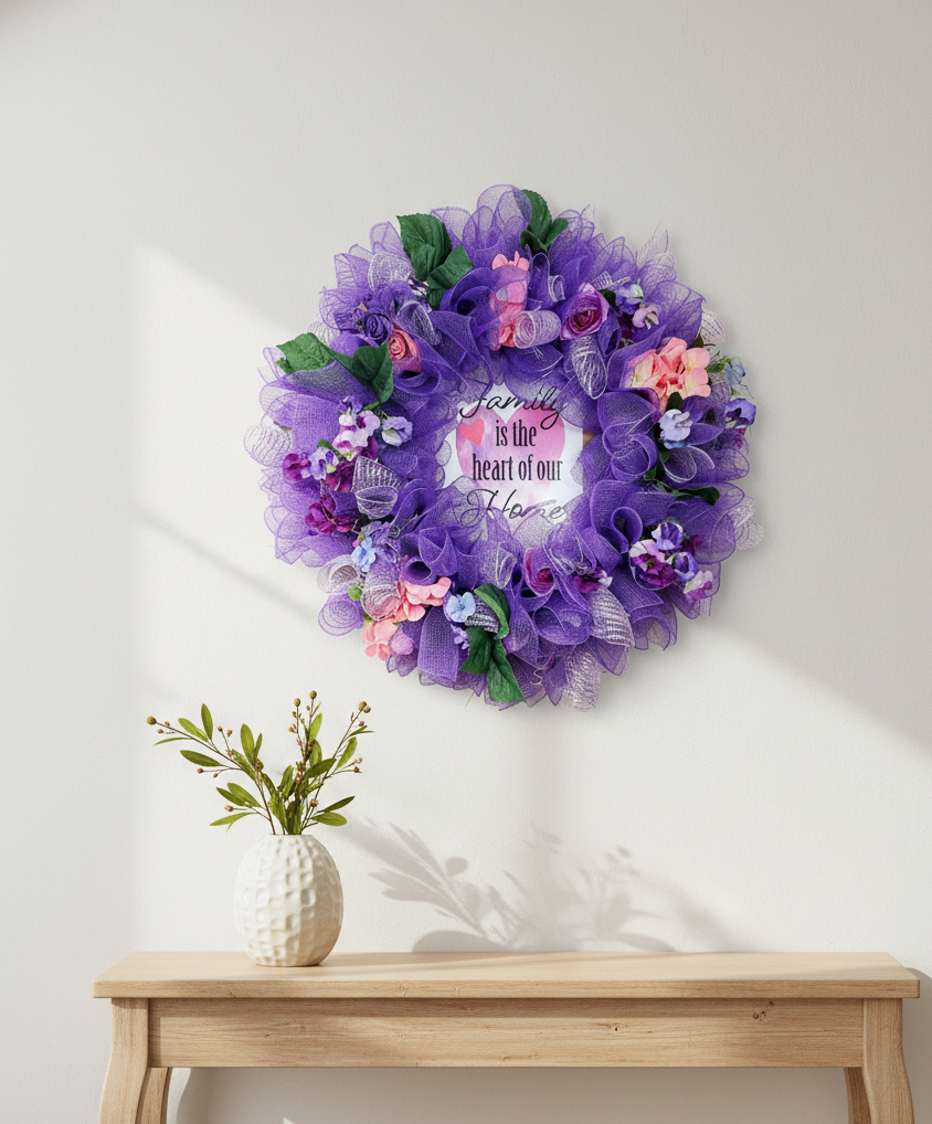 Decorative purple wreath with floral elements on a white wall above a wooden table.