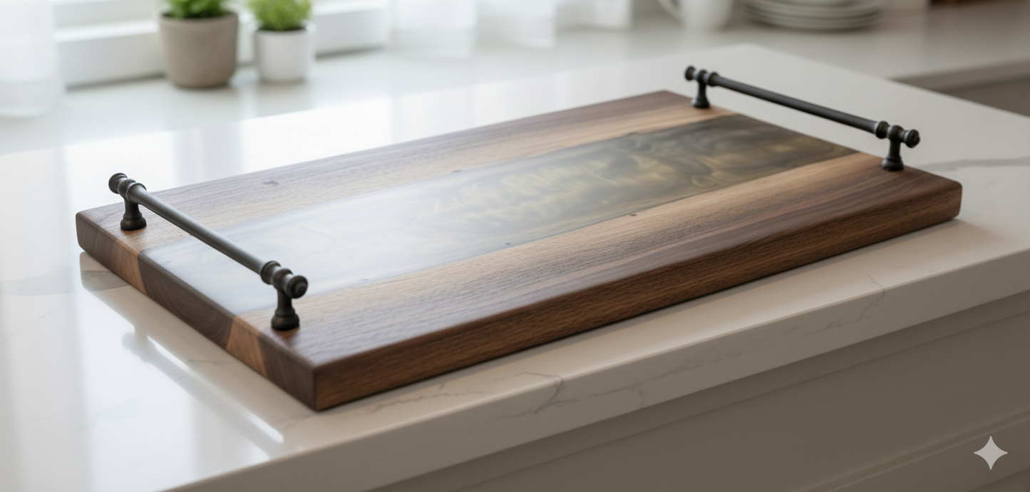 Twilight Pour – Black Walnut Charcuterie Board with Metallic Epoxy River