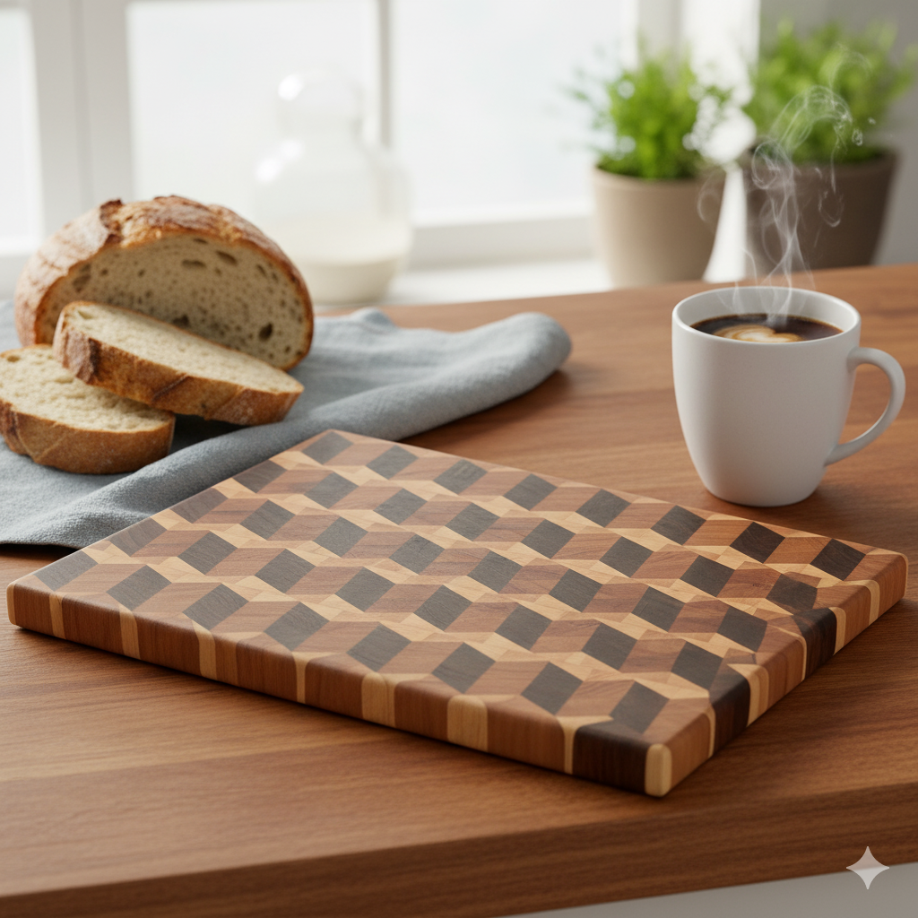 Crafted Grain Illusion – End Grain Cutting Board in Black Walnut, Cherry & Maple
