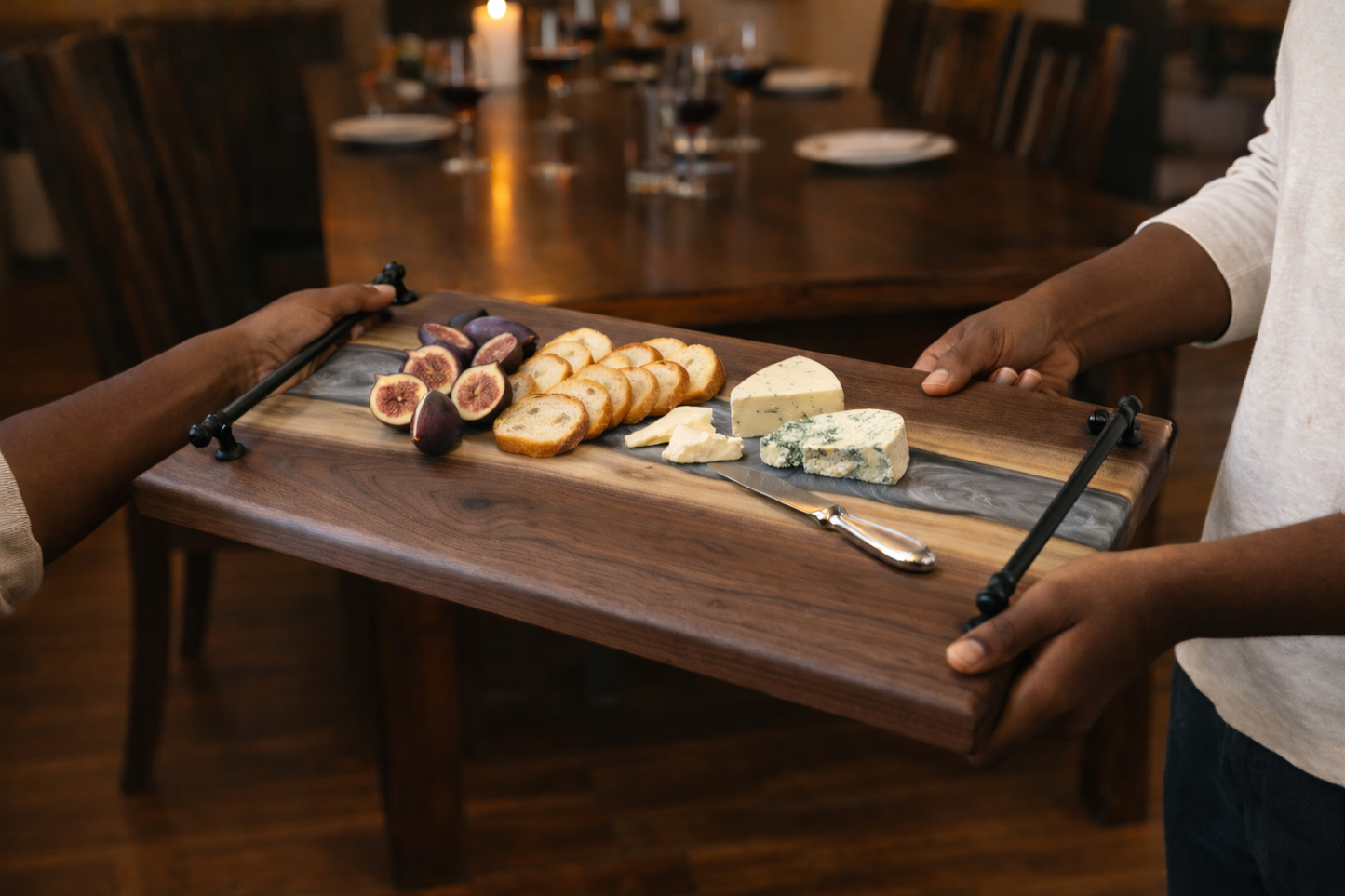 Silver Current – Black Walnut Charcuterie Board with Resin River