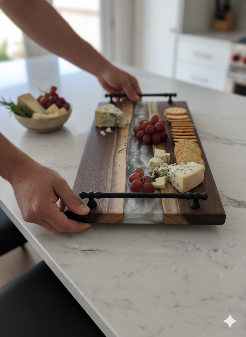 Silver Current – Black Walnut Charcuterie Board with Resin River