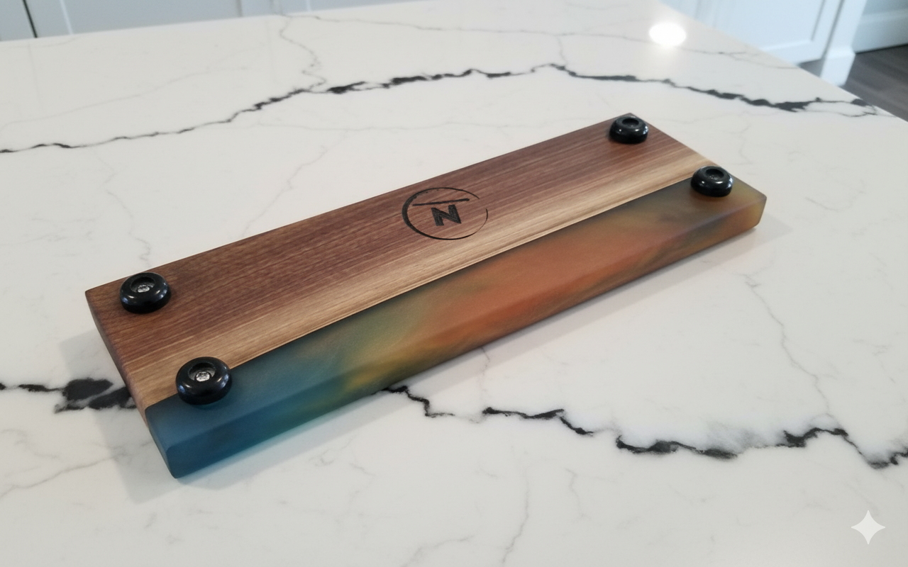 Wooden and resin object with a brand logo on a marble surface