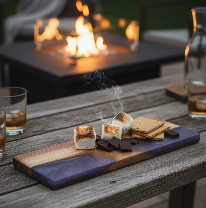 Outdoor setting with a fire pit, drinks, and snacks on a wooden table.