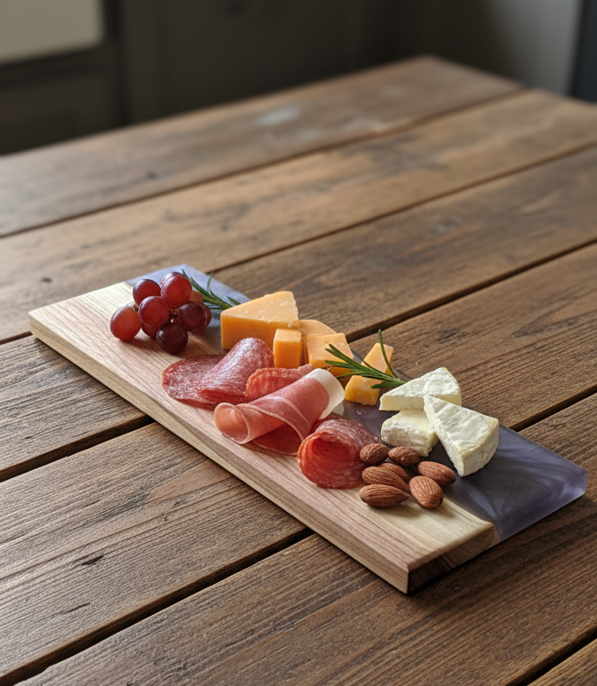 Wooden platter with assorted cheeses, fruits, and nuts on a wooden table.