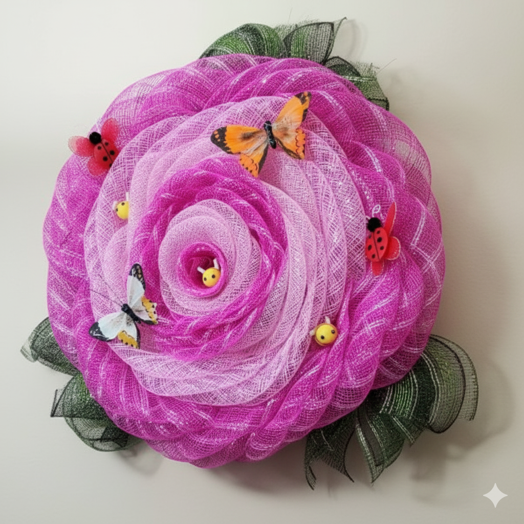 Petals & Pollinators – Pink Garden Mesh Wreath