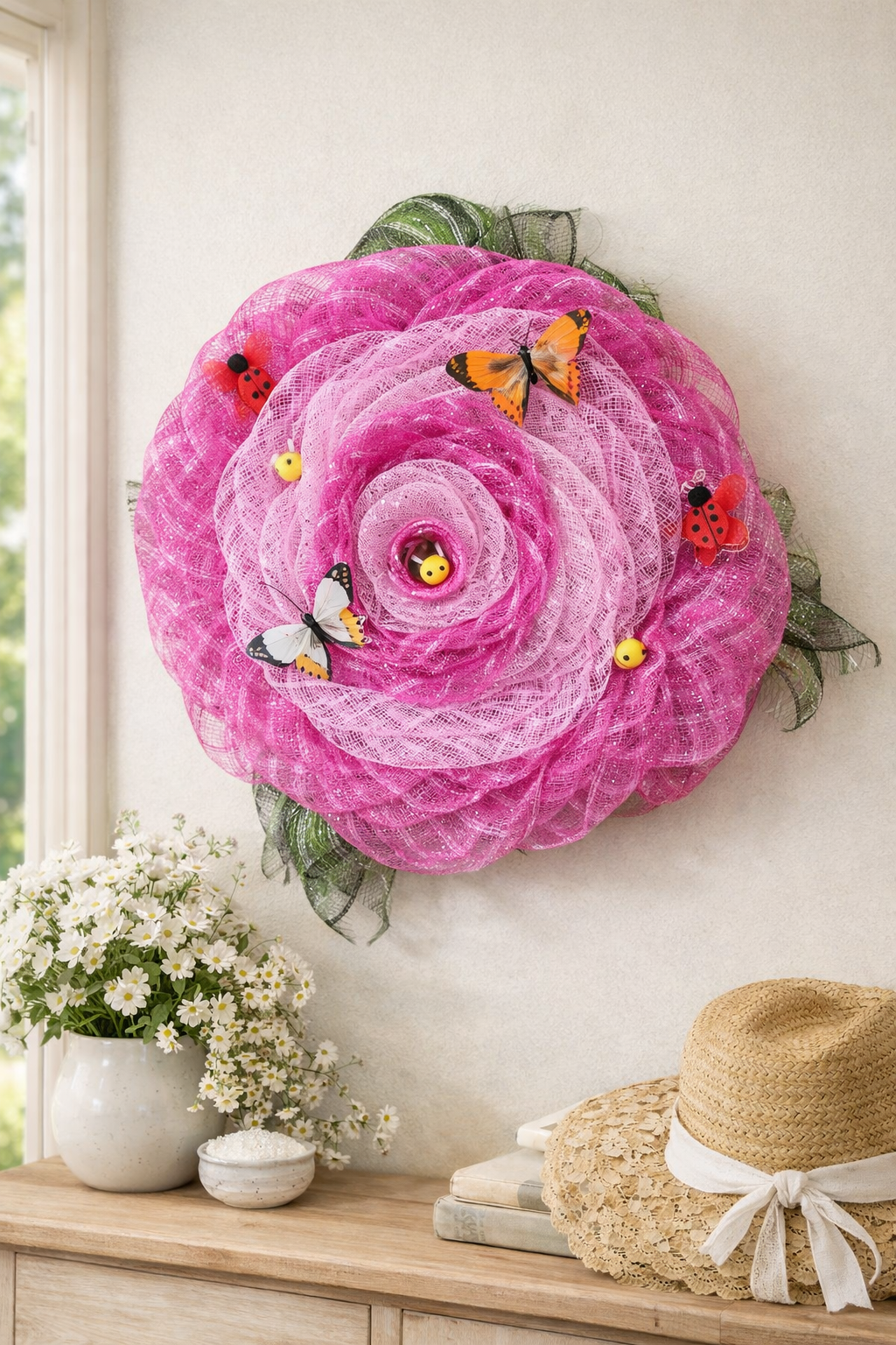 Petals & Pollinators – Pink Garden Mesh Wreath