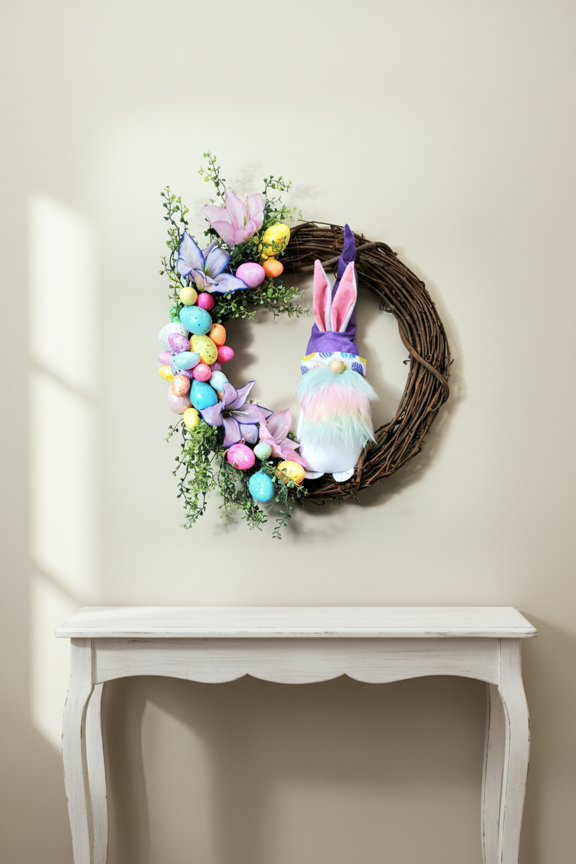 Decorative Easter wreath with colorful eggs, flowers, and a gnome figure on a plain background
