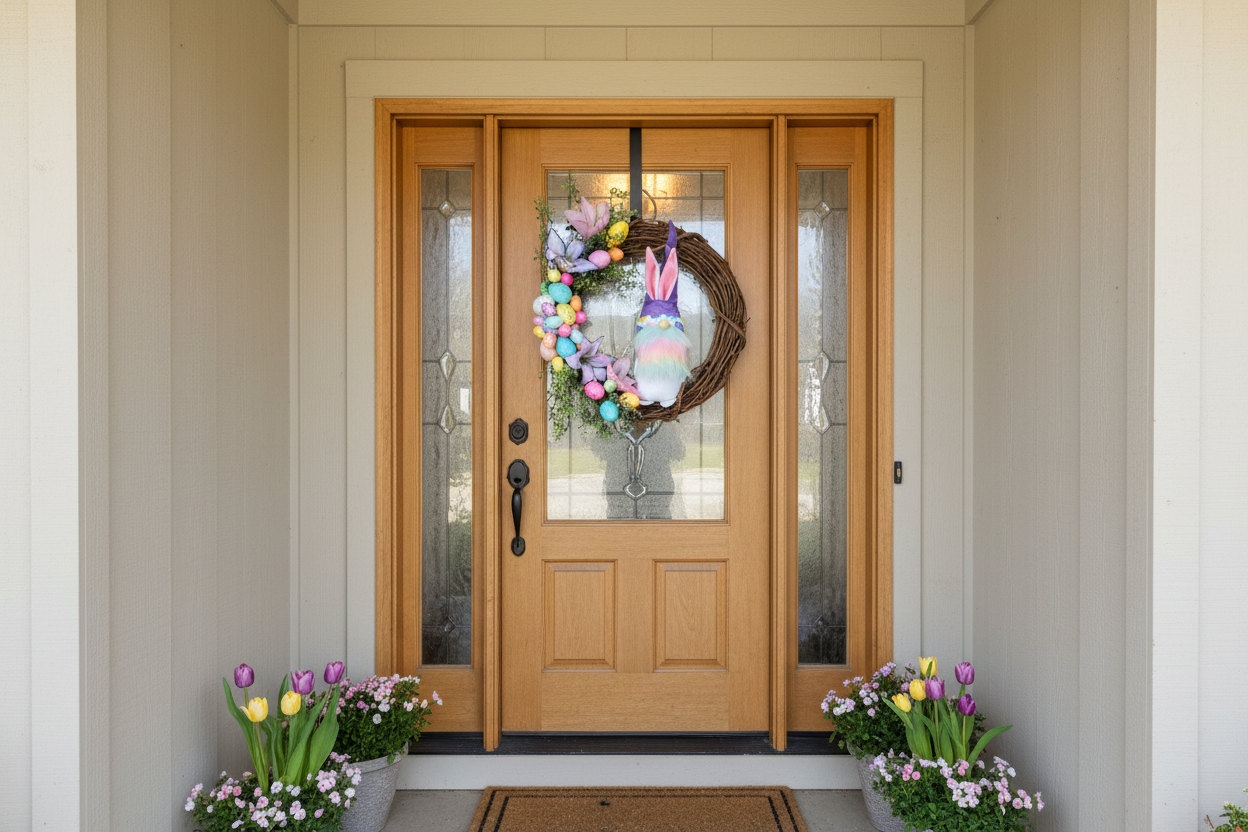 Decorative Easter wreath with colorful eggs, flowers, and a gnome figure on a plain background