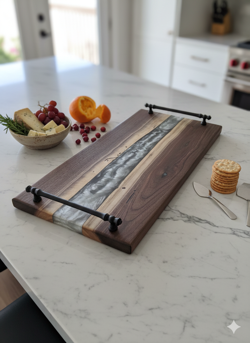 Silver Current – Black Walnut Charcuterie Board with Resin River