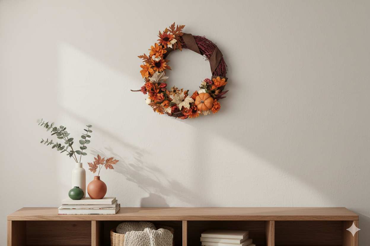 Decorative wreath with autumn leaves on a wooden shelf against a white wall