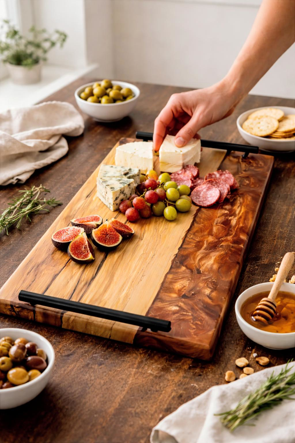 Canyon Glow – Olivewood & Copper Resin Charcuterie Board