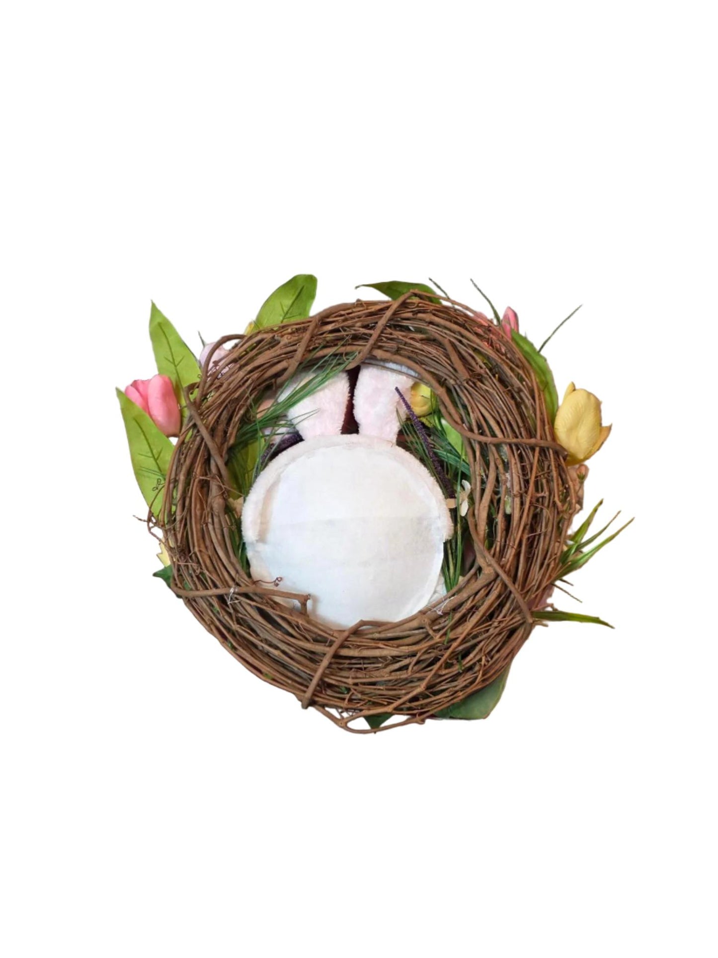 Decorative nest with a white rabbit and flowers on a white background