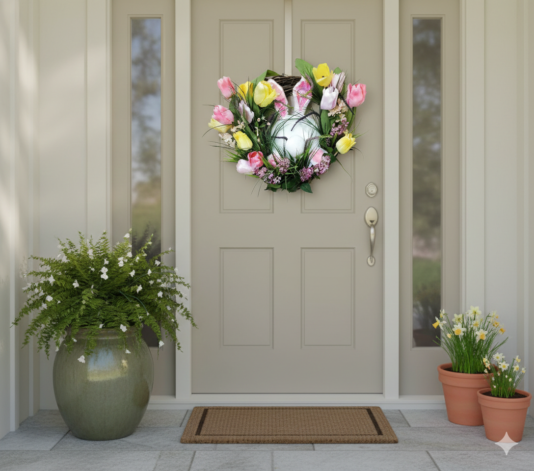 Front door with a floral wreath, potted plants, and a doormat on a light-colored floor.