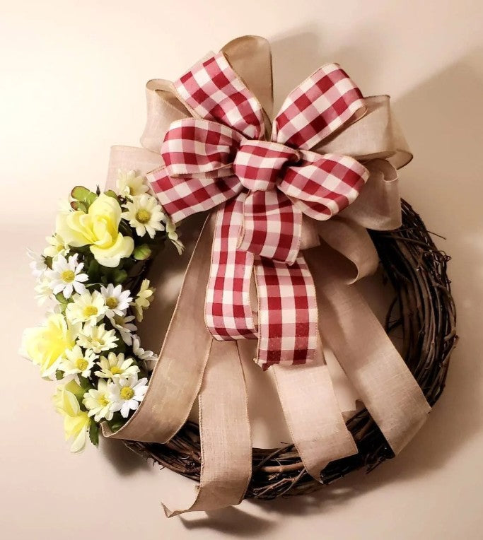 Countryside Bloom – Red Gingham & Burlap Grapevine Wreath
