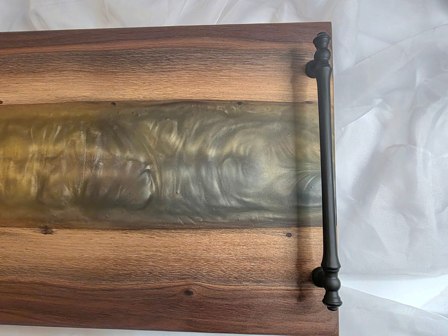 Twilight Pour – Black Walnut Charcuterie Board with Metallic Epoxy River