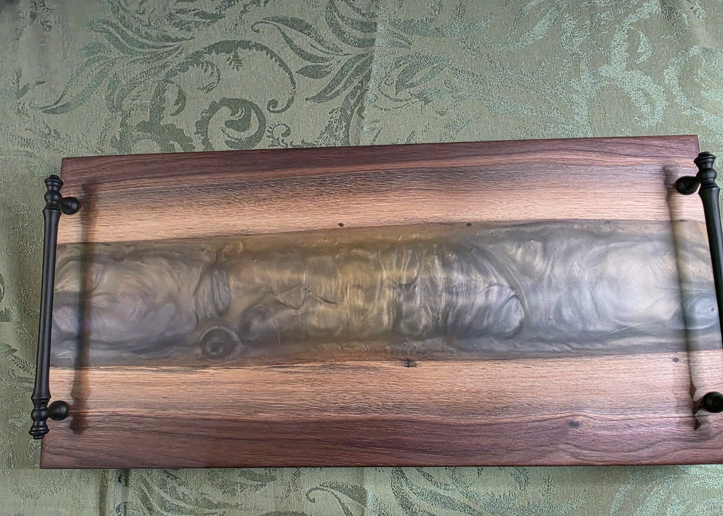 Twilight Pour – Black Walnut Charcuterie Board with Metallic Epoxy River