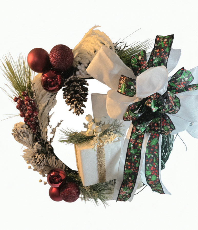 Twilight Evergreen – Green Holiday Wreath with White Bow & Gift Box