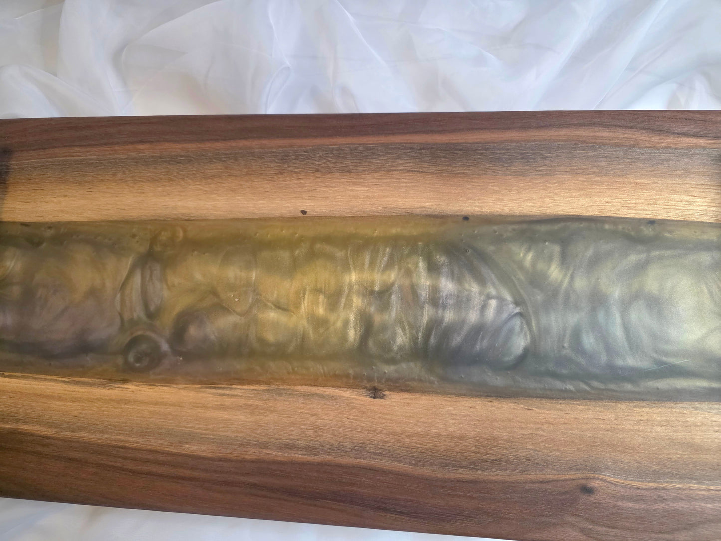 Twilight Pour – Black Walnut Charcuterie Board with Metallic Epoxy River