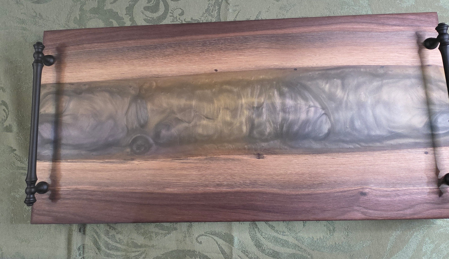 Twilight Pour – Black Walnut Charcuterie Board with Metallic Epoxy River