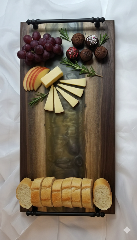Twilight Pour – Black Walnut Charcuterie Board with Metallic Epoxy River