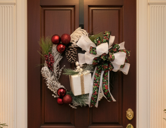 Twilight Evergreen – Green Holiday Wreath with White Bow & Gift Box