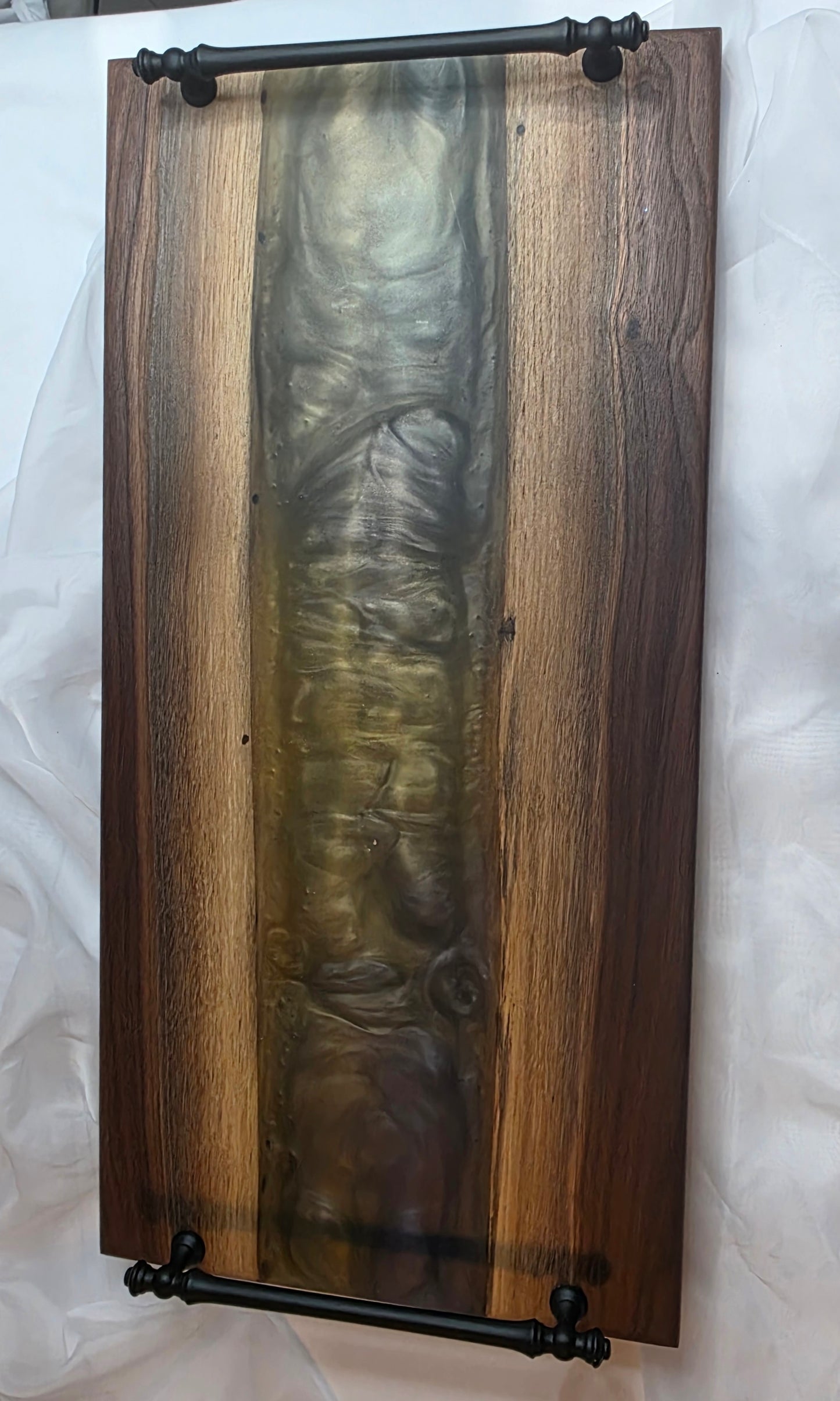 Twilight Pour – Black Walnut Charcuterie Board with Metallic Epoxy River