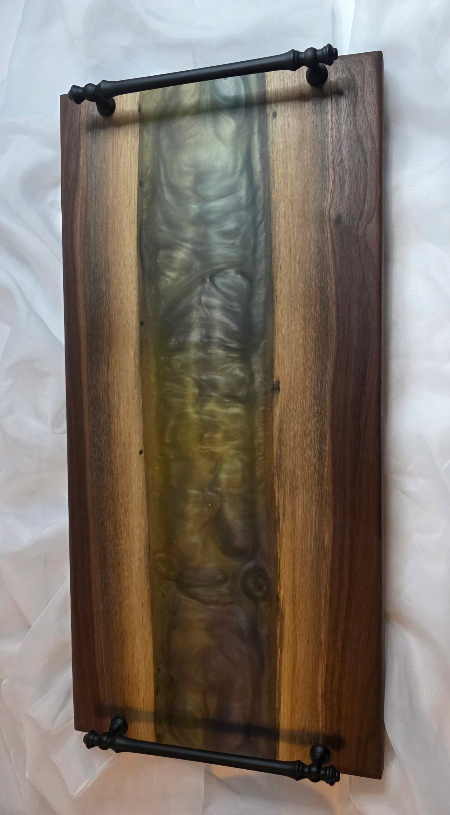Twilight Pour – Black Walnut Charcuterie Board with Metallic Epoxy River