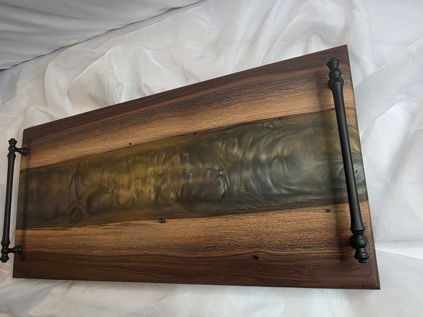 Twilight Pour – Black Walnut Charcuterie Board with Metallic Epoxy River