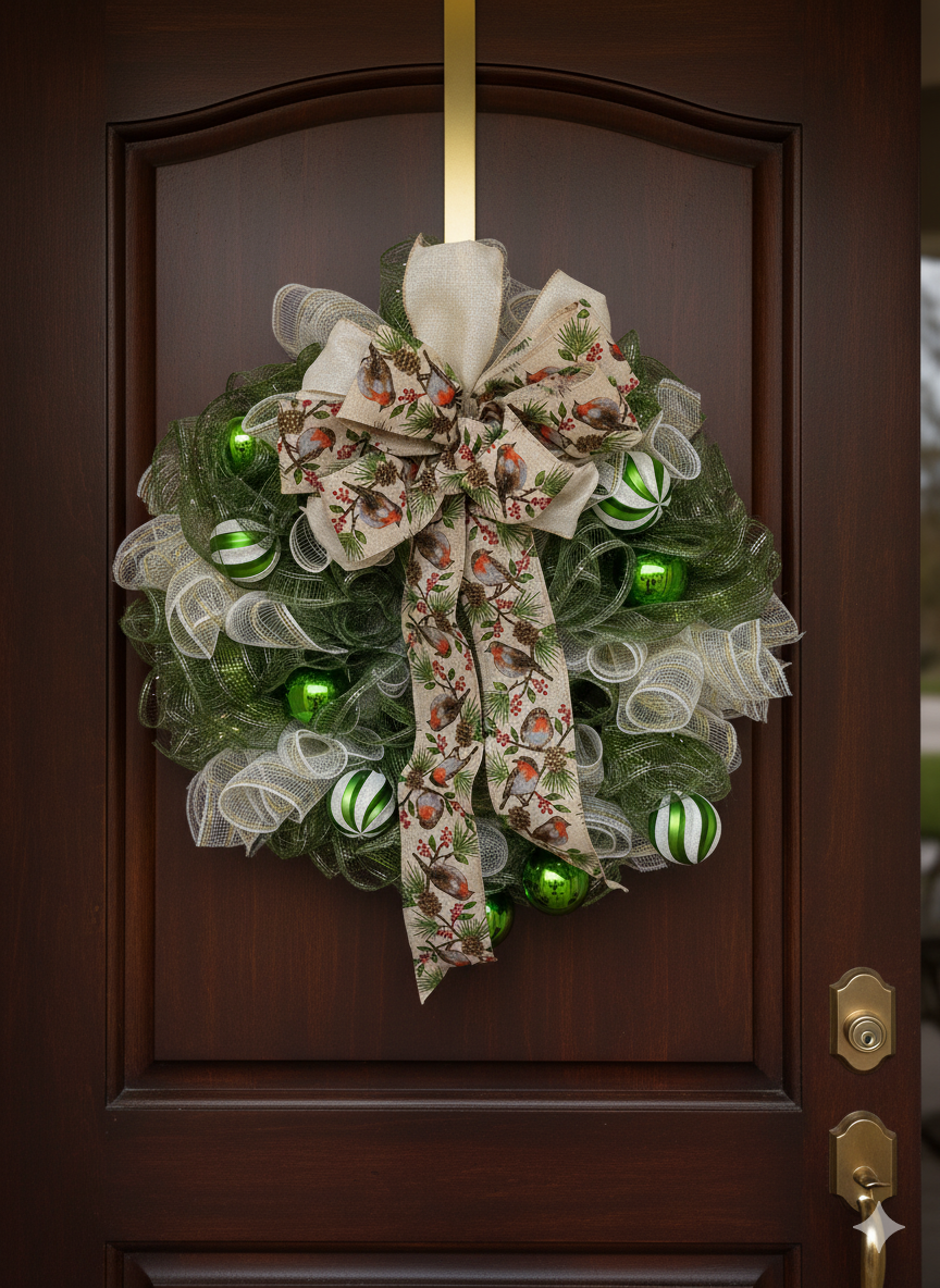 Woodland Cheer – Green & Gold Holiday Mesh Wreath