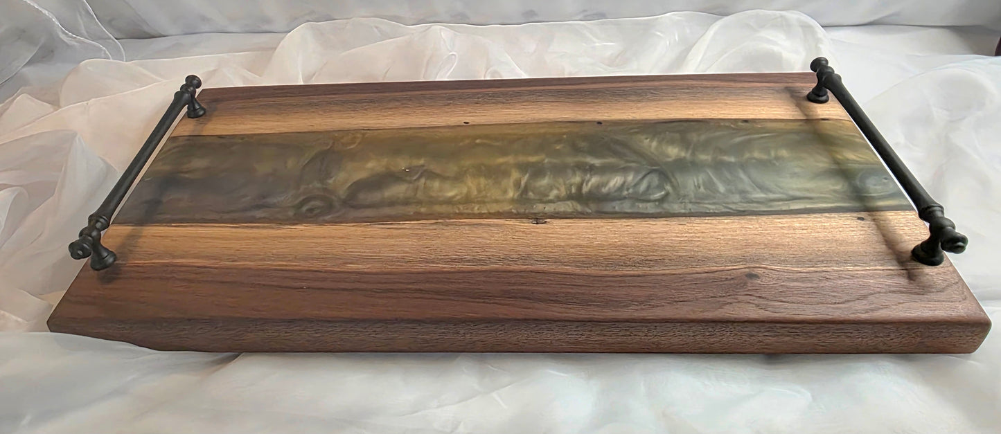 Twilight Pour – Black Walnut Charcuterie Board with Metallic Epoxy River