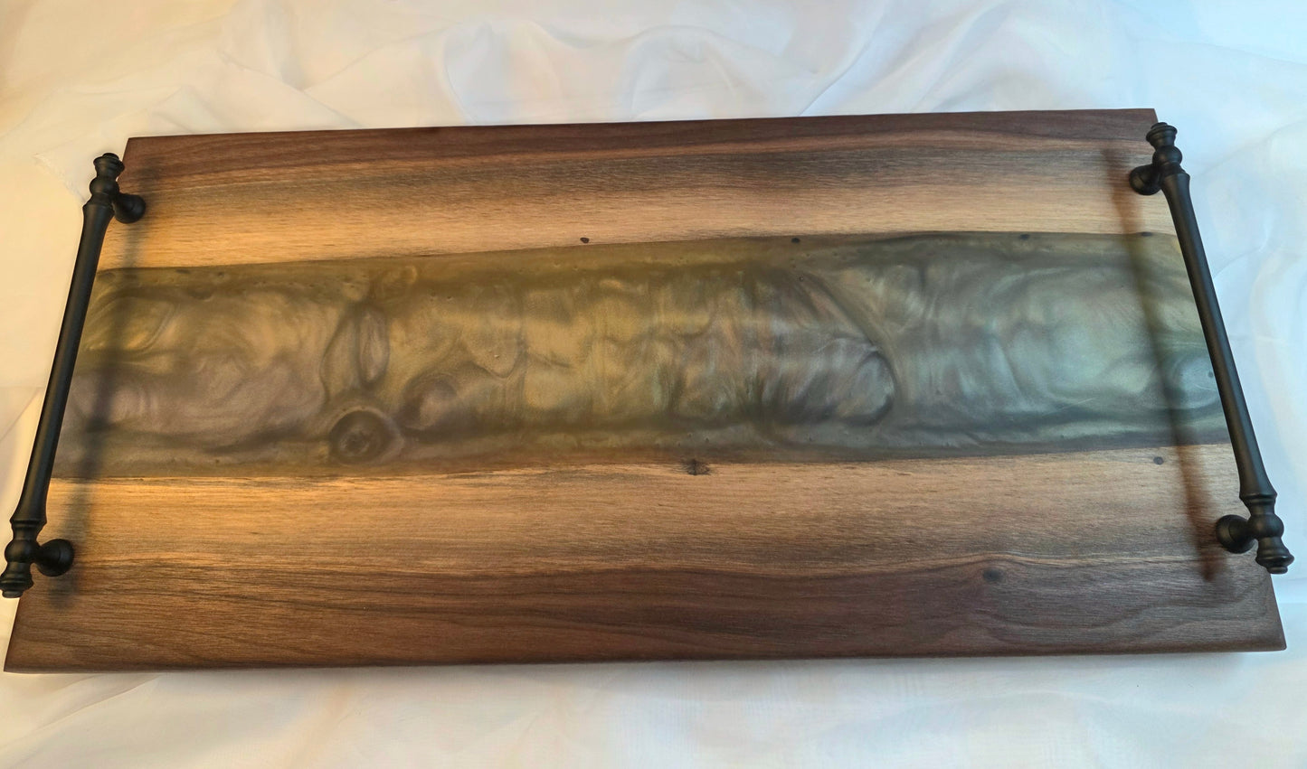Twilight Pour – Black Walnut Charcuterie Board with Metallic Epoxy River