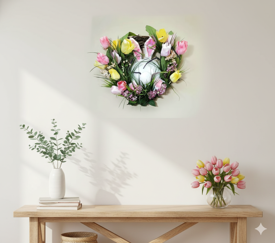 Floral wreath with Easter eggs on a wall above a wooden table with decorative items.