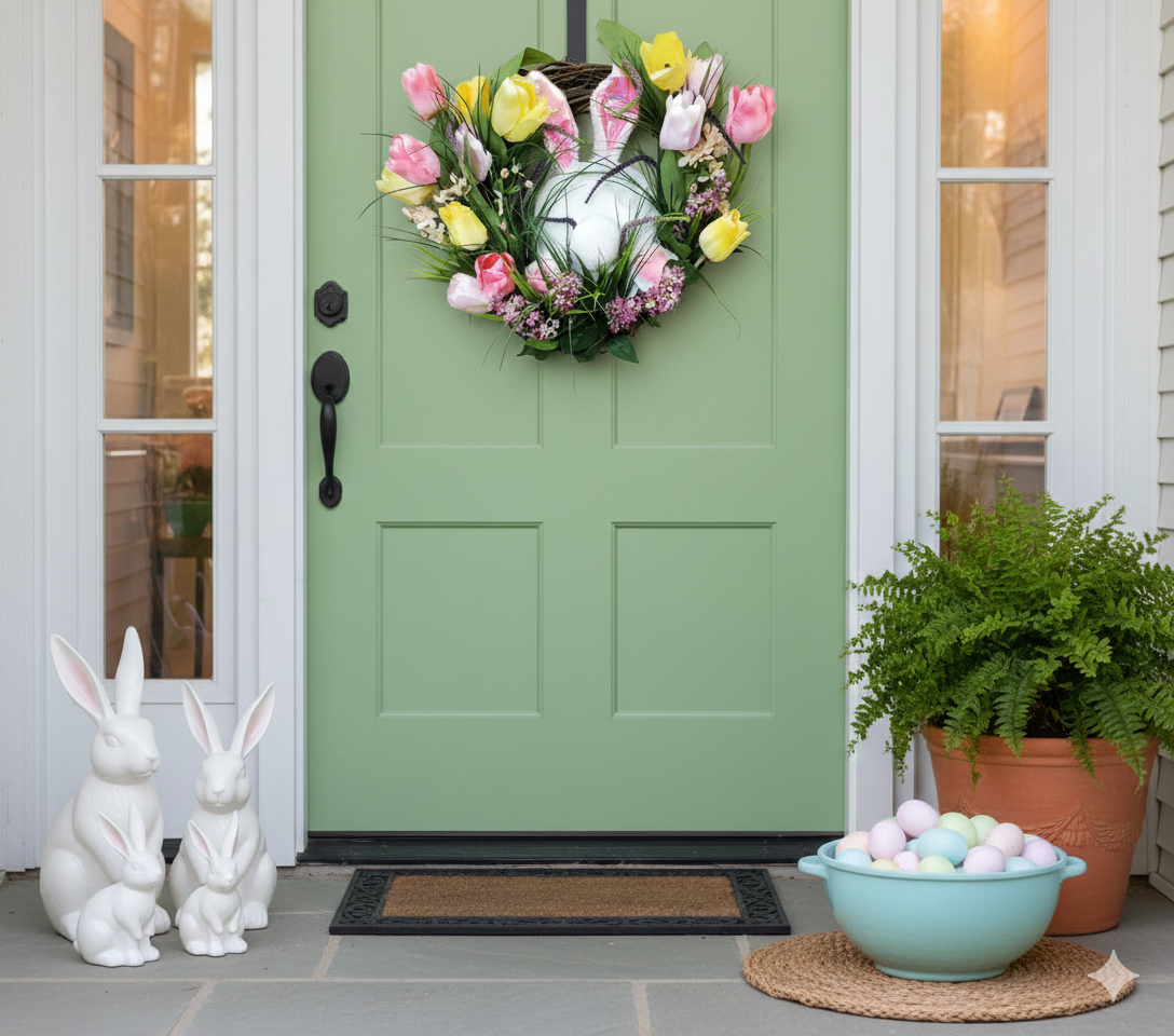 Green front door with a floral wreath, Easter decorations, and potted plants.