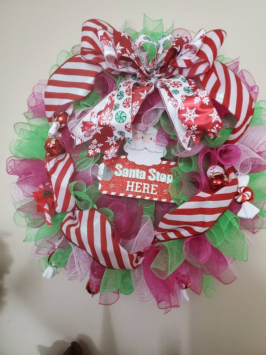 Santa Stop Wreath|Santa Wreath| Santa Workshop Wreath| Fun Christmas Wreath| Red and Green Santa Wreath| Kids Christmas Wreath| Santa Decor