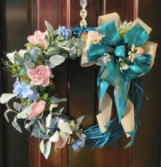 Turquoise grapevine wreath| Blue Floral Wreath| Handmade Blue Wreath For Door| Unique Turquoise Wreath For Home| Spring Wreath for doors